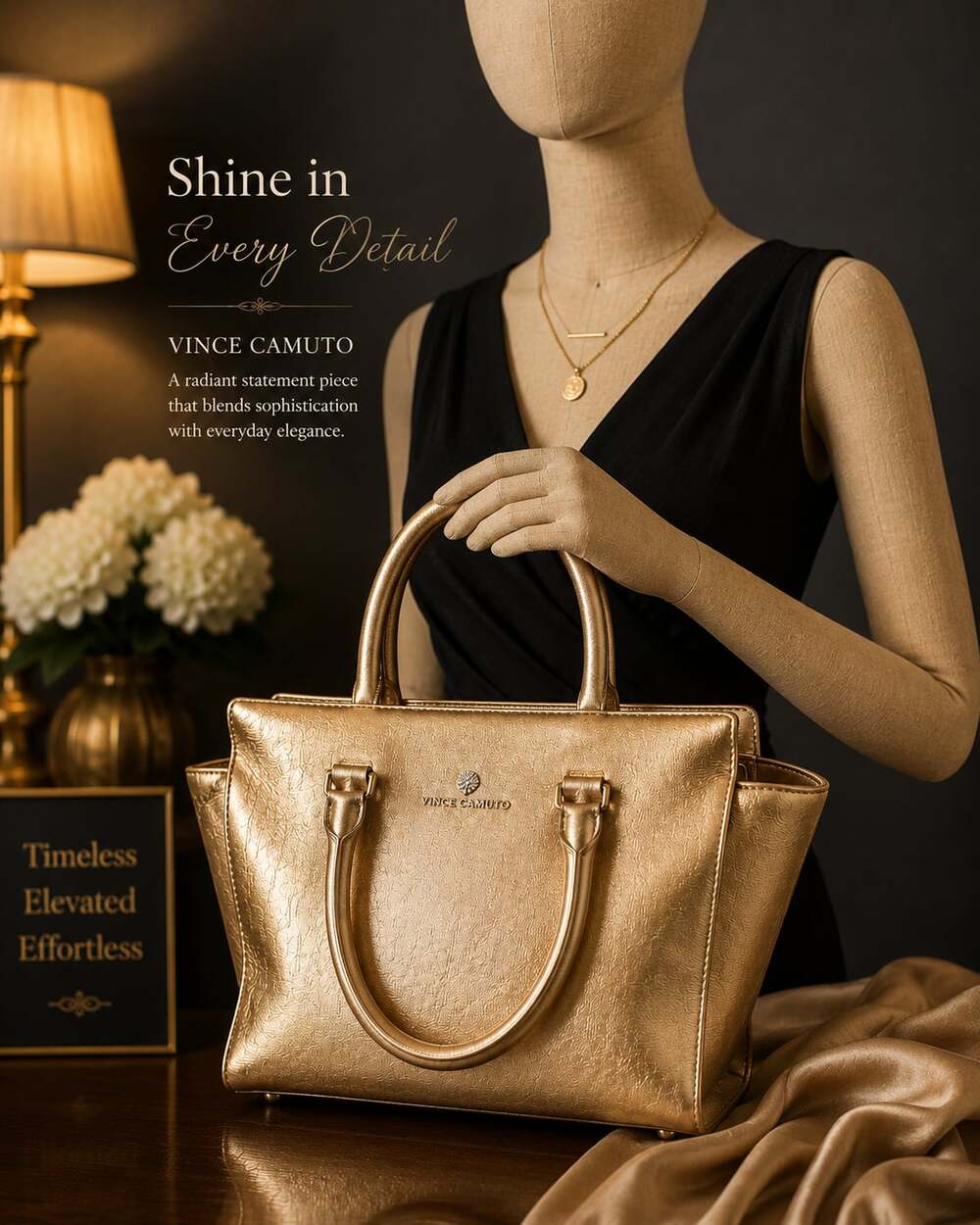 Vince Camuto Metallic Gold Saffiano Leather Satchel Handbag